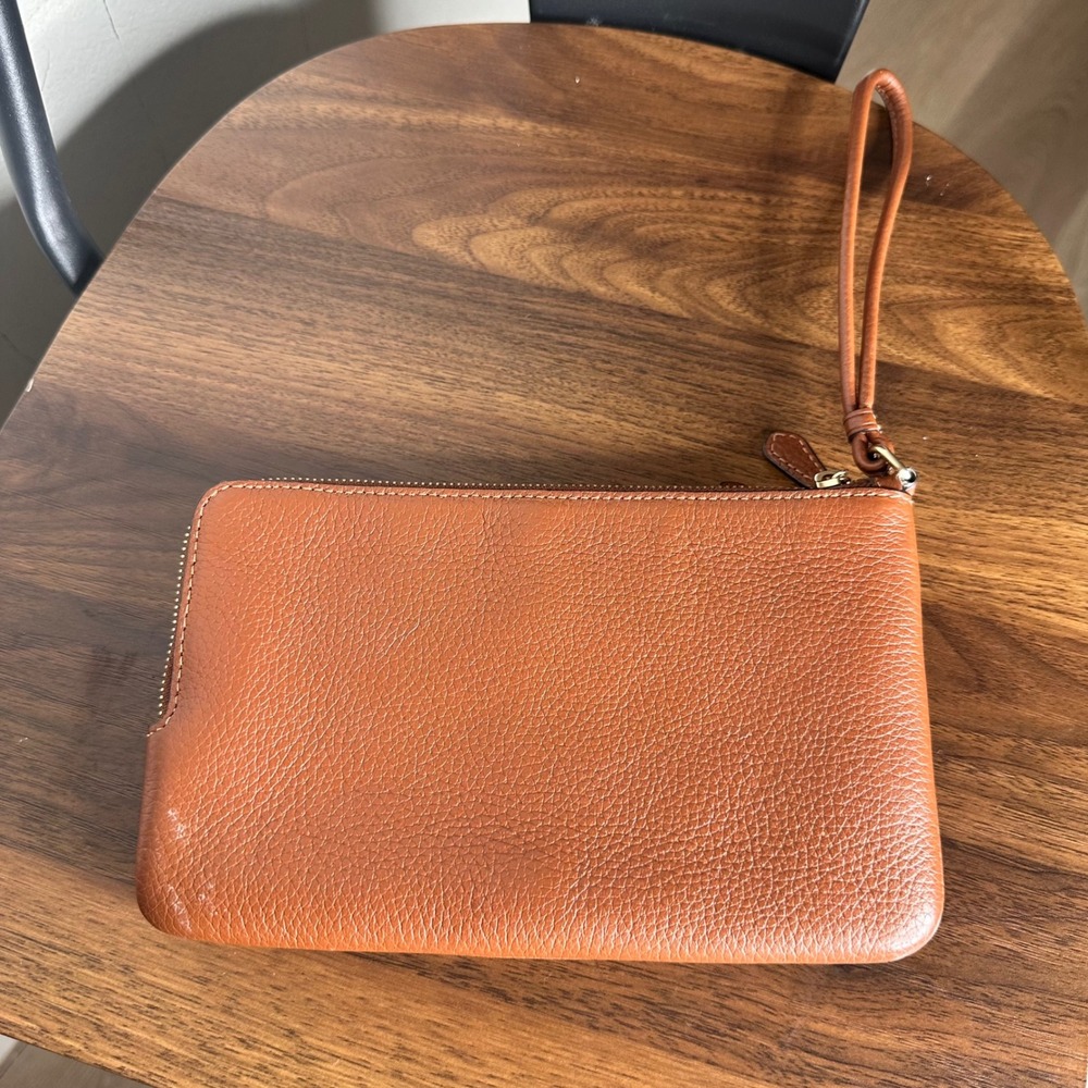 Coach Double Zip Wristlet Pebbled Leather Saddle Brown Gold Hardware Large - Picture 2 of 6